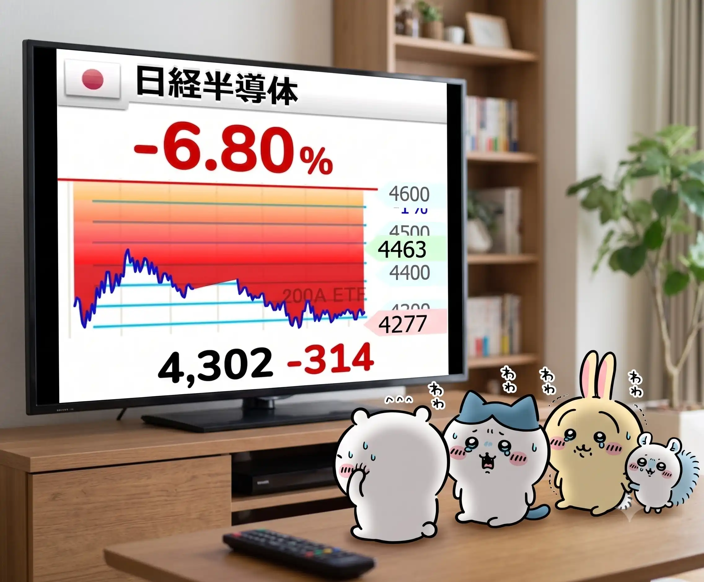 チャートが映ったテレビの隣にちいかわ風のキャラクターたちが並んでいる生成画像