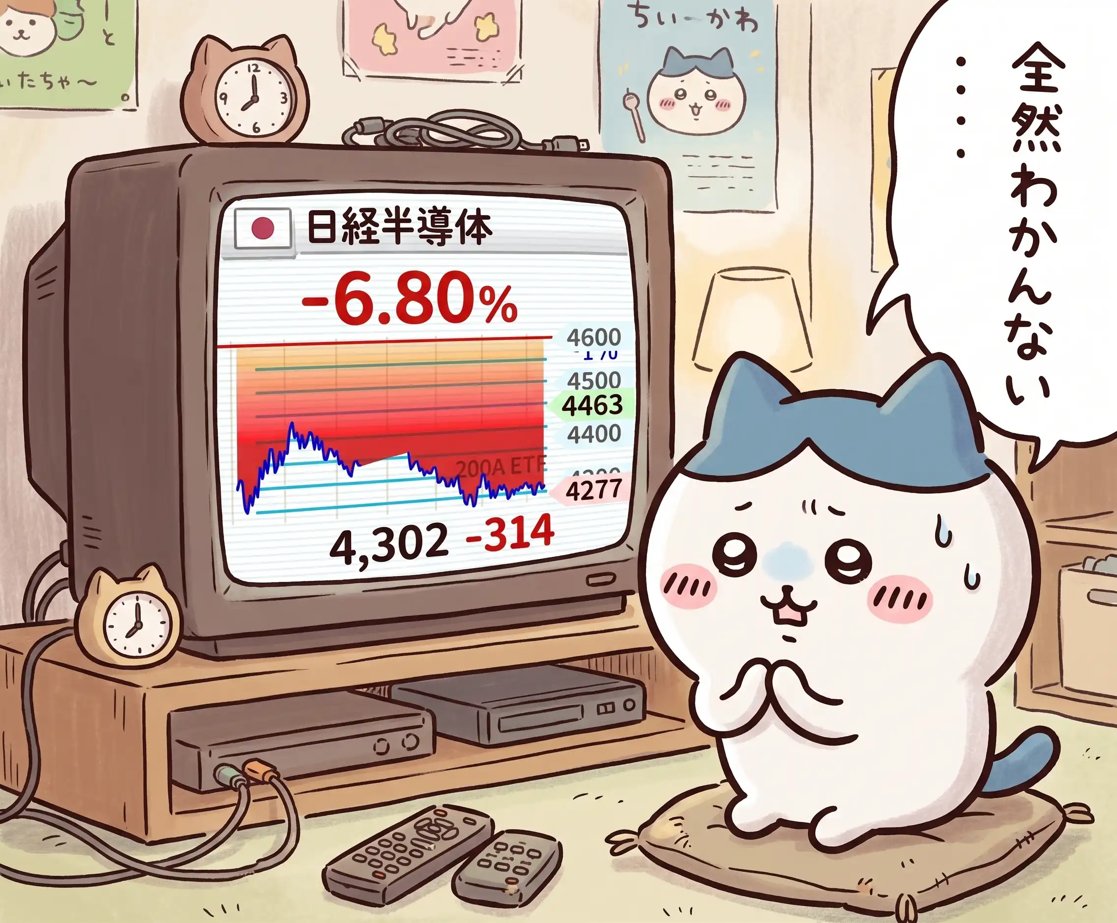 チャートが映った大型ブラウン管テレビの横で、ちいかわ風のハチワレが話しかけている生成画像