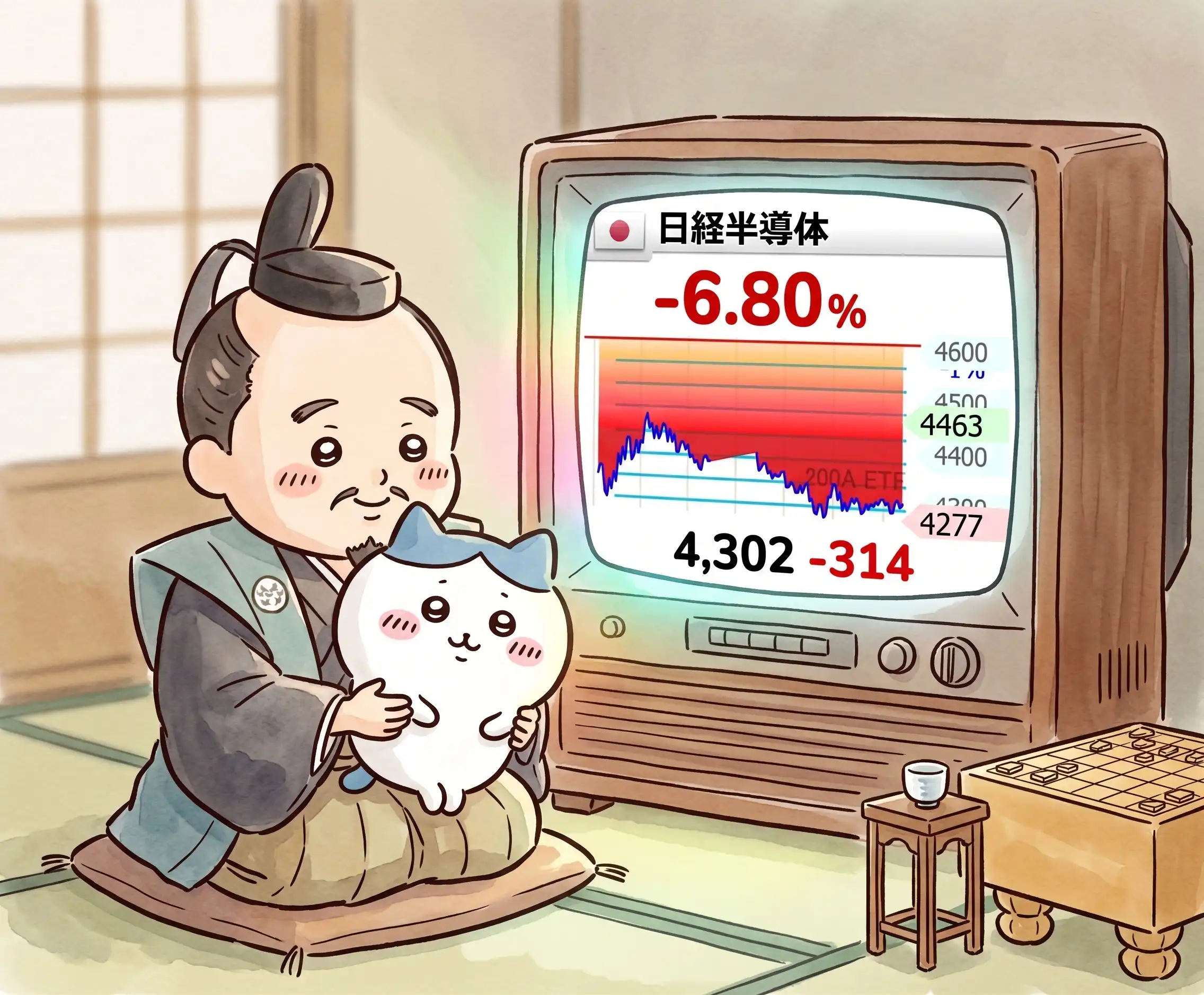 チャートが映った大型ブラウン管テレビの隣で、徳川吉宗がちいかわのぬいぐるみを抱いている生成画像