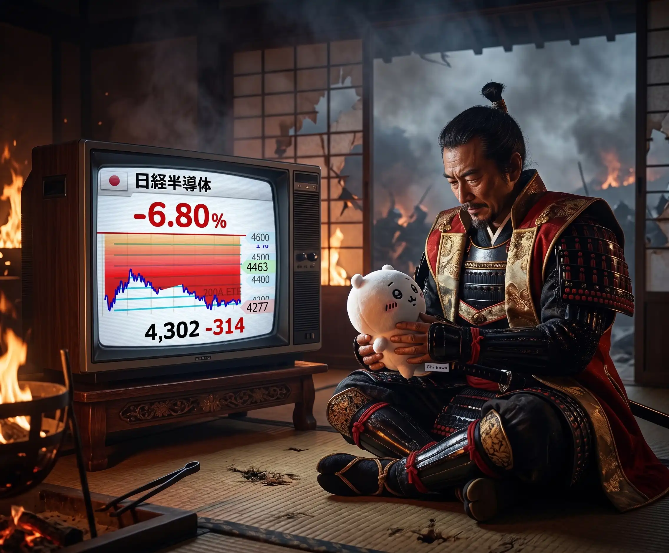 炎に包まれた本能寺で、チャートが映る大型ブラウン管テレビの隣に織田信長がぬいぐるみを抱いて座っている生成画像