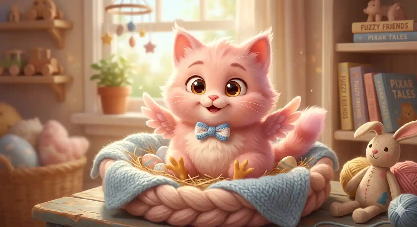 猫とヒヨコを組み合わせた淡いピンク色のキャラクター